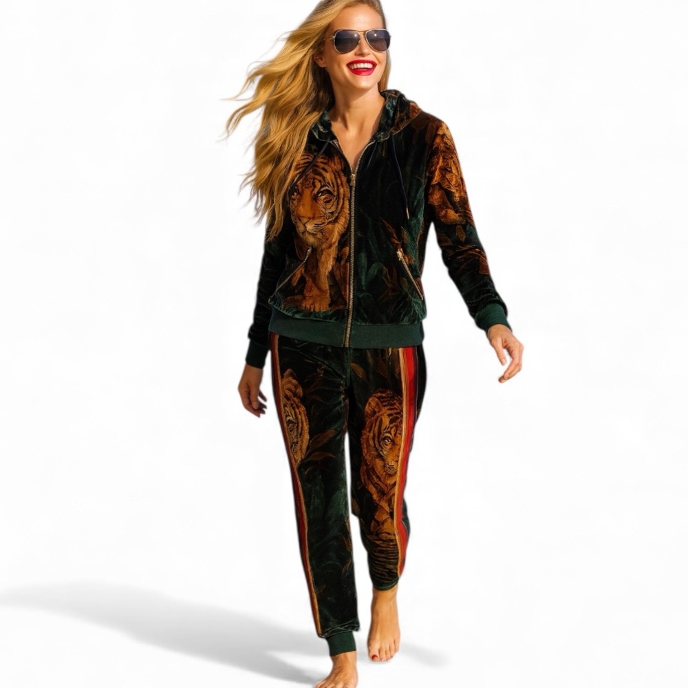Aviator Nation Green Velvet Tiger-Print Jogger Set - Picture 2 of 15